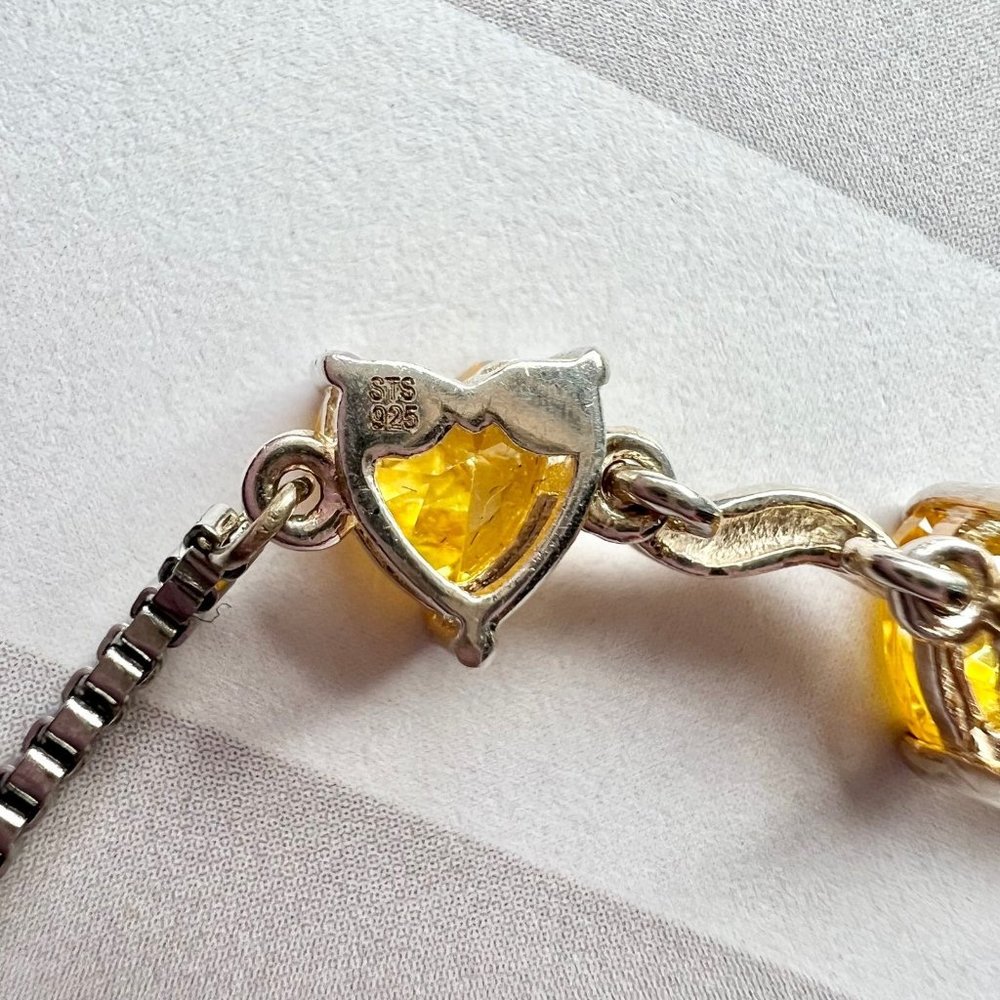 Signed 925 Silver Toggle Bracelet Citrine Crystal Heart Stone Valentine - Picture 6 of 6